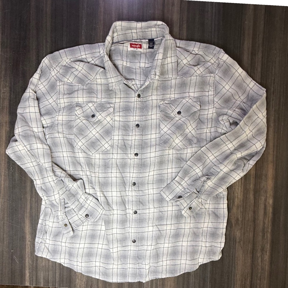 Wrangler Mens 2XL Plaid Western Shirt Long Sleeve Gray Black Button Up‎